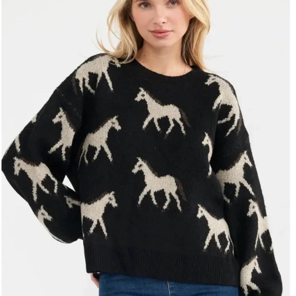 SOLD- Newbury Kustom Black and Cream Horse Sweater